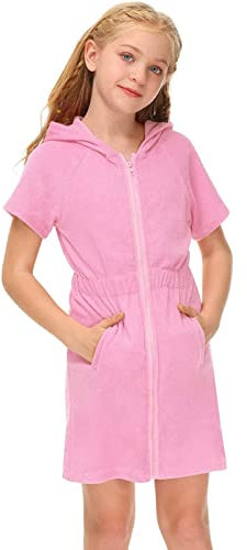 Mädchen Kurzarm Frottee Badeponcho mit Seitentaschen Lila Reißverschluss Surf Poncho, Kapuzen-Bademantel mit Taschen Kurzarm-Badeanzug, Strandkleid, Vertuschung Unterrock Kinder (Pink, 4-5 Years)