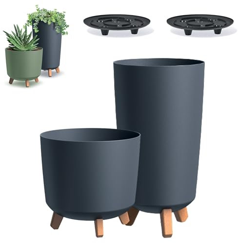 DIKEL 2X Runder Blumentopf ⌀ 24 cm x 44,5 cm und ⌀ 30 cm x 28,5 cm | Pflanzkübel mit 4 Steckfüßen | Übertöpfe für drinnen und draußen | Pflanzentopf Dekoration für Haus und Garten | Anthrazit