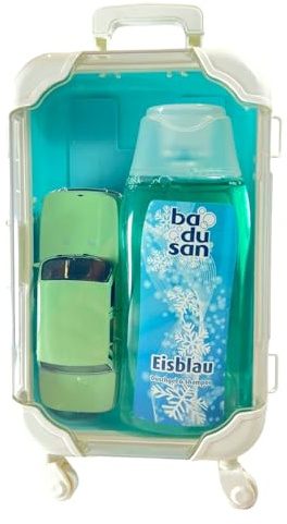 Geschenkset Koffer blau mit Wartburg grün+Duschbad Eisblau