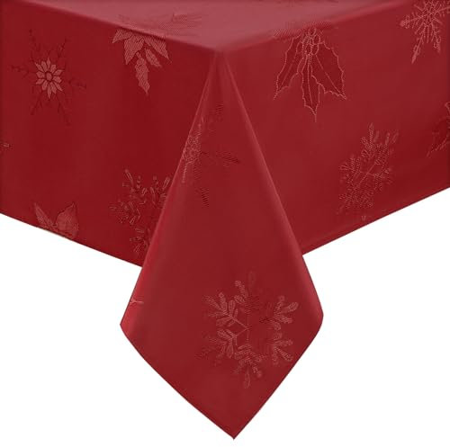 Alishomtll Weihnachten Rot Jacquard Tischdecke, Weihnachtsstern Rechteckige Tischdecken, Abwaschbar Faltig Resistent Geraffte Tischtuch, Festliche Party Dekoration Tischwäsche, 140x240cm