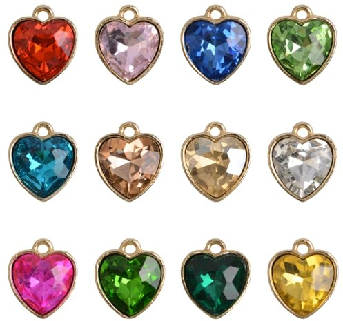 URROMA 48 Stück Kristall-Herz-Geburtsstein-Charms, bunte Strass-Anhänger, DIY-Perlenanhänger zur Herstellung von Schmuck, Halsketten, Armbändern, Ohrringen, 12 Farben, Metalllegierung