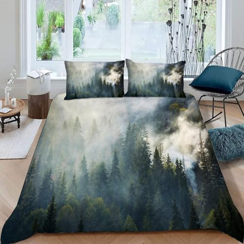 Bettwäsche 135x200 Wald Nebel Bettbezug mit Reißverschluss 100% Mikrofaser Bettwäsche-Sets für Junge Mädchen 3D Druck Natürliche Landschaft Kinderbettwäsche mit 2 Kissenbezüge 80x80cm Sommer A215