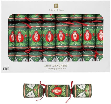 Talking Tables 8 x Mini Christmas Crackers with Games, Jokes and Party Hats, Folklore Green Design Eco-Friendly Xmas Tableware, Recyclable