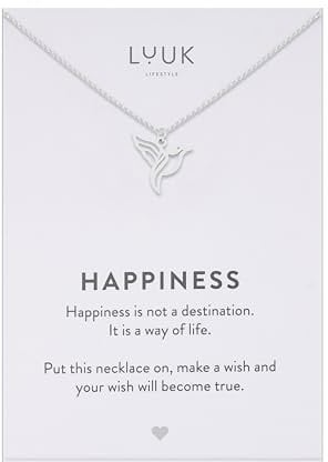 LUUK LIFESTYLE Damen Halskette mit Kolibri Anhänger aus 14K Silber Edelstahl, 50 cm verstellbar, wasserfest, elegantes Schmuck Geschenk für Frauen mit HAPPINESS Spruchkarte, Kette für Alltag & Urlaub