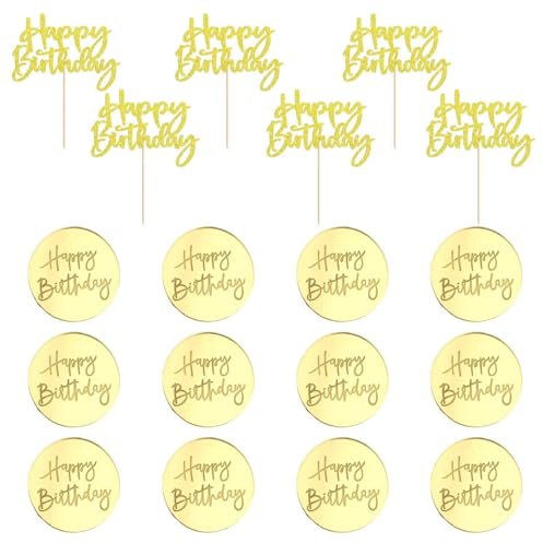 QFEHTHSK 12 Stück Runde Happy Birthday-Kuchenanhänger, 6 Stück Happy Birthday-Einsätze, Goldene Happy Birthday-Kuchenaufsätze, Mini-Spiegel-Kuchenaufsätze, Kuchenetiketten-Einsätze