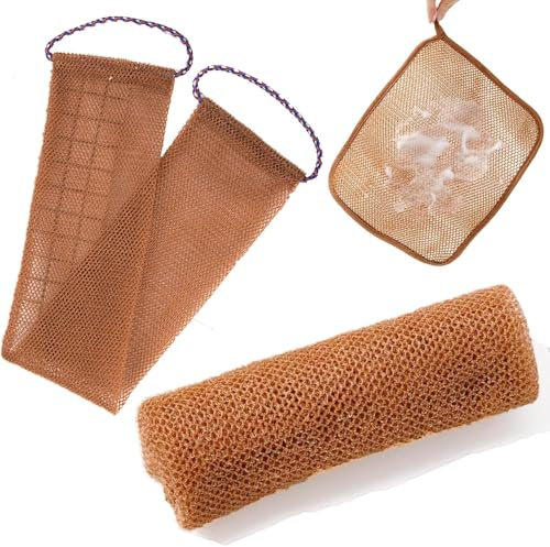 Lot de 3 gants de toilette africains pour exfoliation du corps, éponge de douche, éponge de bain africaine pour le visage, le dos (marron)