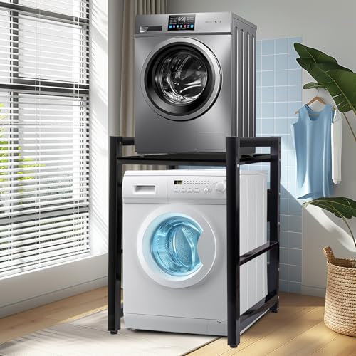 JXZ Mueble Lavadora, Soporte Secadora Sobre Lavadora, Gabinete de Lavadora de Tambor, Ajustable en Altura de 3 Niveles, Capacidad de 300 kg para BañO, Cocina, BalcóN, Lavandería (Negro D)
