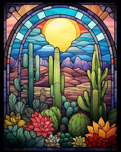 Tropischer Kaktus Painting by Numbers Adult,Buntglas-Stil,DIY Hand-Painted Oil Painting Canvas Kits with Brush and Acrylic Paint as Gifts,40x50cm rahmenlos