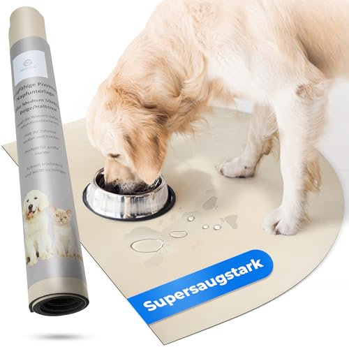 Miggo® Saugfähige Premium Napfunterlage Katze und Hund Halbrund 50x80 cm Beige Futtermatte, Futterunterlage Hundenapf, Fressnapf Katze, rutschfeste Unterlage, Für Futter, Wasser, Brunnen Kunstleder XL