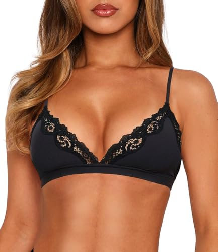 Navneet BH Damen Ohne Bügel Bralette Spitze Bügelloser BH Unterwäsche Bustier Triangel Bequem Soft BHS Schwarz Triangel M