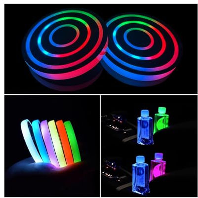 2 Pcs LED Car Cup Holder Lights,USB Charging Car Coasters,7 Colors Luminescent Light Cup Pad,Luminescent Cup Pad Interior Atmosphere Lamp Decoration Light (Circle Ring)
