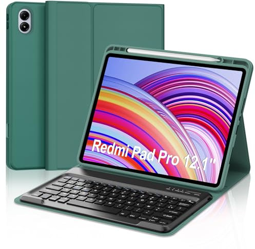 Coque Clavier pour Redmi Pad Pro/Xiaomi Poco Pad 12.1 Pouces, AZERTY Français Housse Clavier Bluetooth Magnétique Détachable avec Porte Crayon pour Redmi Pad Pro/Xiaomi Poco Pad 12.1 2024, Vert foncé