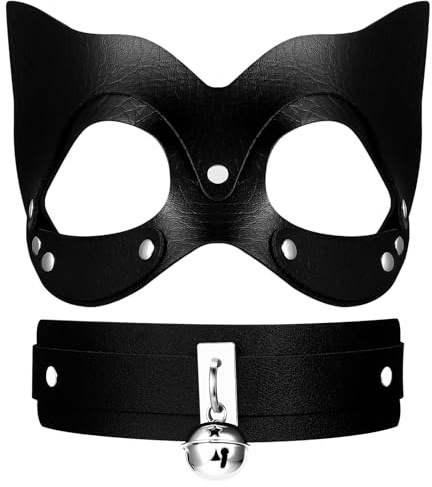 Flongo Leder Katzenmaske mit Halsband für Damen: 2 Stück Schwarz Sexy Punk Katze Maske Choker Set mit Nieten und Glöckchen Verstellbare Cosplay Halbmaske für Rollenspiel Partys Nachtclubs