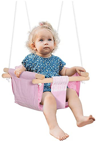 Outsunny Seggiolino Altalena per Bambini di 6-36 Mesi in Legno di Pioppo e Tessuto, Altalena per Bambini con Cuscino per Casa e Giardino, Portata Massima 80kg, 40x40x180 cm, Rosa