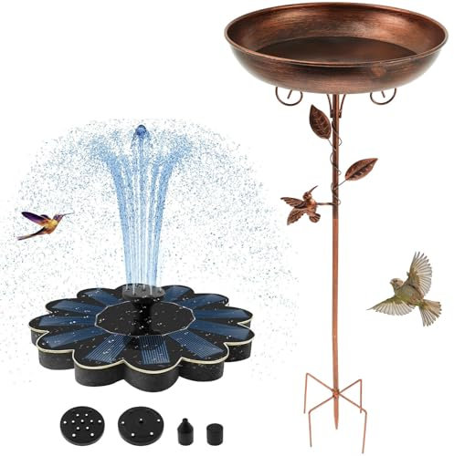 Bain d'oiseaux 2 en 1 avec fontaine solaire - Fontaine solaire pour l'extérieur - Avec 5 effets de pulvérisation - En métal de 30 cm - Pour oiseaux sauvages - Pour l'hiver