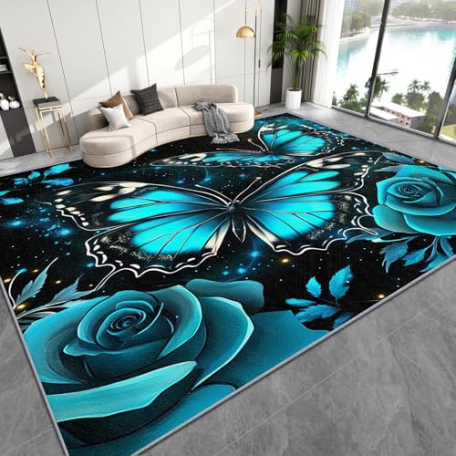 AevuCub Schmetterling Deko, Blumen Rosen Teppich 100x150 Kurzflor, Teppich Wohnzimmer Fantasie Schmetterling, Weich rutschfest Waschbare Teppiche, Bettvorleger Schlafzimmer Kinderzimmer