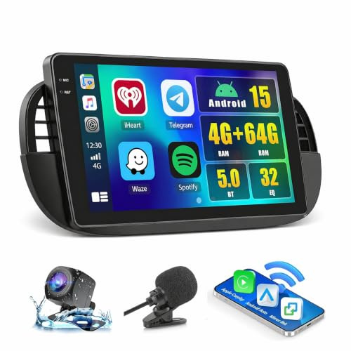Fuluku 4+64GB 9'' Autoradio per FIAT 500 2007-2015 | Stereo per CarPlay/Android Auto Wireless, Touchscreen 9 Incell, Bluetooth/GPS, Retrocamera, FM/RDS, EQ, WiFi, Interfaccia UI