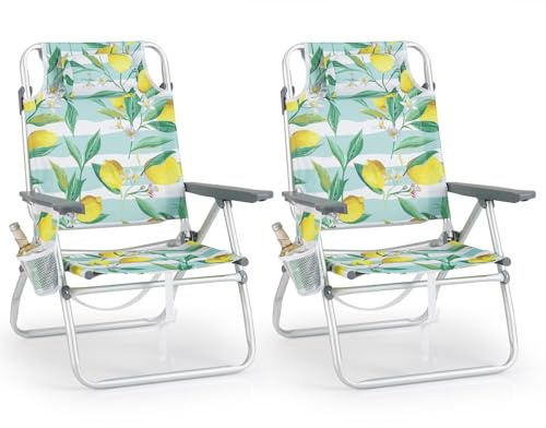 COSTWAY Folding Backpack Beach Chair, 5 Adjustable Position Camping Chair with Headrest, Towel Rack and Storage Pockets, Outdoor Sun Lounger for Picnics, BBQ & Fishing (2, Lemon)