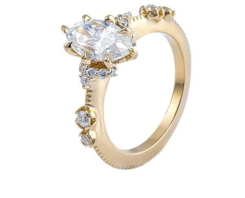 Wedding Ring Women Gold, Wedding Ring for Women 18 Karat Gelbgold Marquise mit 2 Karat Moissanit Geburtstagsgeschenk Größe 54 (17.2)