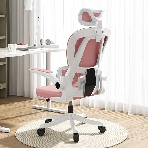 HDHNBA Silla de Oficio con Malla,Silla de Juego Ergonómica de Respaldo Alto con Ruedas y Reposacabezas Ajustable,Brazos Abatibles Cómodos para Hogar,Dormitorio,Estudio(Rosa)
