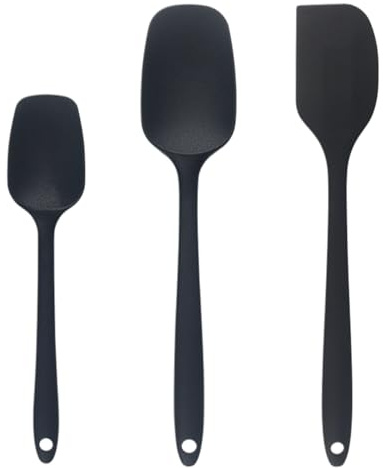 3 Pezzi Set Utensili Cucina Silicone Neri – Spatola Cucina Mini, Leccapentole Silicone & Raschietto, Senza Giunzioni, Flessibile, Resistente a Alte Temperature, Delicata su Superfici Antiaderenti