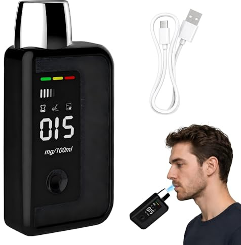 Alcoholimetro Homologado, Portatil Alcoholímetro Test, Test de Alcoholemia con Pantalla LCD y alerta sonora, Carga Type-C, Alcolimetros para uso familiar y profesional Comprobador de Alcohol