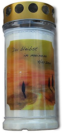 Ambrosius Grablicht mit Spruch 4-5 Tage lange Brenndauer mit wetterfest groß Grabkerze Motiv Sturmdeckel farbig (Abendrot)