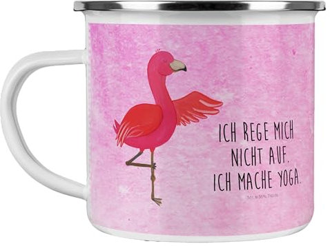 Mr. & Mrs. Panda Camping Emaille Tasse Flamingo Yoga - Geschenk, Camping Tasse Metall, Yoga Urlaub, Emaille Trinkbecher, entspannt, Namaste,