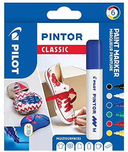 Pilot - Pintor, Wallet of 6 Creative Multi-Surface Water-Based Permanent Markers - Quick Dry - For Fabrics, Glass, Wood, Stone, DIY/Amateur Artists - Medium Tip - Assorted Classic Colors