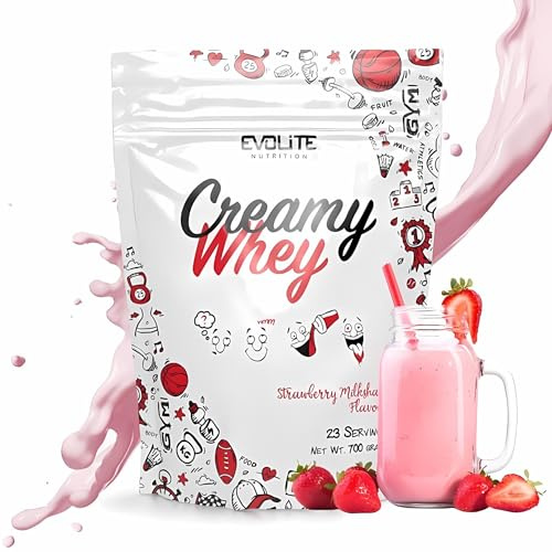 Evolite Whey Protein Pulver 700 g mit Buttermilch, Strawberry | Molke Protein Powder Whey, 21 g Protein pro Portion, 23 Portionen, Molkenprotein-Konzentrat, Muskelaufbau und erhalt