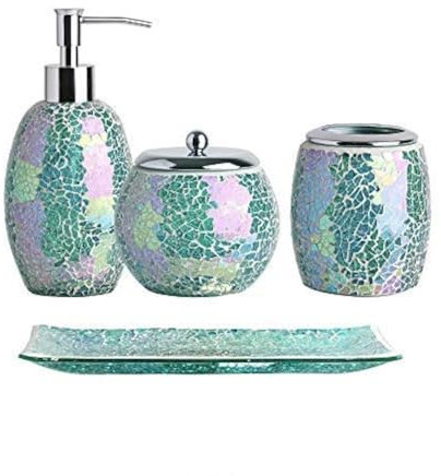 WHOLE HOUSEWARES 4-teiliges Badezimmer-Set aus glänzendem Grün, dekoratives Badezimmer-Set aus Glas, Seifenspender, Zahnbürstenhalter, Baumwollglas, Schminktablett, Geschenkidee,