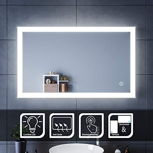 SIRHONA 100x60cm Miroir de Salle de Bains avec éclairage LED Miroir Cosmétiques Mural Lumière Illumination avec Commande par Effleurement/Anti-buée