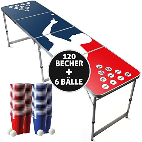 Beer Pong Offizieller Player Tisch mit Becherhalterung | Full Pack | Inkl. 1 Tisch + 120 53cl Becher (60 Rot & 60 Blau) + 6 Ping-Pong-Bälle | Trinkspiele | 100% Spaß