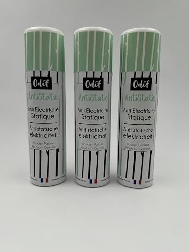 Odif Antistatic - Lote de 3 aerosoles antielectricidad estática para tejidos, ideal para coser y para uso diario para ropa, medias, zapatos, asientos de coche, sofá – Spray 150 ml