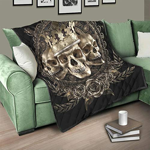 AXGM Tagesdecke Quilt Krone Schädel Totenkopf Steppdecke Kuscheldecke Wohndecke Design Reise Camping White 200x230cm