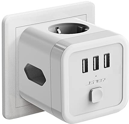 USB Steckdosenwürfel,JSVER Steckdosenleiste 3 Fach mit 3 USB Steckdosenadapter (2 Eurosteckdose und 1 Schuko) 6 in1 Powercube Mehrfachsteckdose Ladegerät Schreibtisch Ohne Kabel mit Schalter-Weiß
