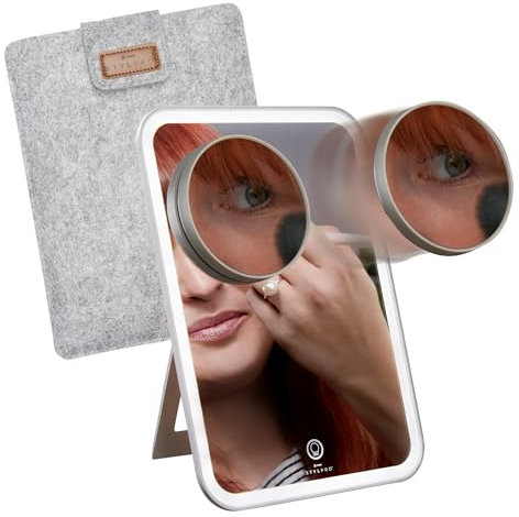 STYLPRO Schminkspiegel mit magnetischem 10x Vergrößerungsspiegel Wiederaufladbare dimmbare LED-Leuchten mit Touchscreen-Taste Verstellbarer Ständer Weiche Luxus-Reisetasche USB-Ladekabel
