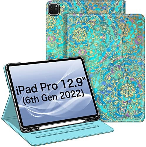 Fintie Hülle für iPad Pro 12.9 Zoll 2022 (6. Generation) / iPad Pro 12.9 2021/2020/2018 mit Stifthalter, Multi-Winkel Betrachtung Folio Stand Schutzhülle mit Dokumentschlitze, Jade