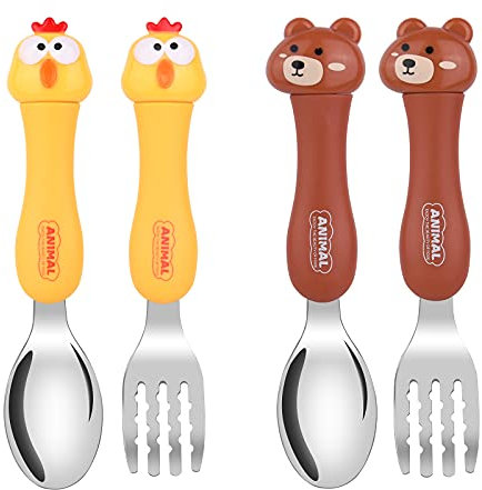 Vicloon Couverts Enfants,4pcs Fourchette et Cuillère Enfant Ensemble Cuillère et Fourchette en Acier Inoxydable pour Enfant Bébé Maison l'école Utilisation (Ours Brun + Poussin Jaune)