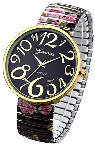 JewelryWe Women's Big Dial Easy Reader Watch Floral Elastic Stretch Band Wristwatch, for Xmas Christmas