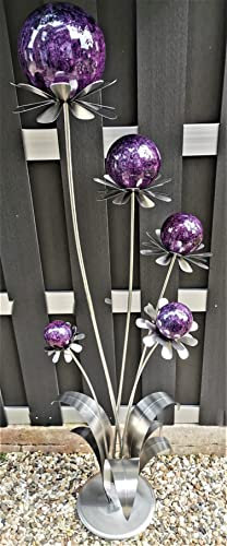 Jürgen Bocker Gartenambiente Skulptur Blume Barcelona Edelstahl matt gebürstet 165 cm mit Kugel und Standfuß Dekoration Garten (violett)