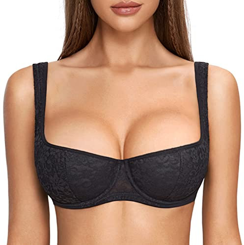 DOBREVA Women's Push Up Bra Sexy Balconette Bra Padded Half Cup Lace Underwired Black (Cup Size is Small. Order 1 Cup Size up.) 42C