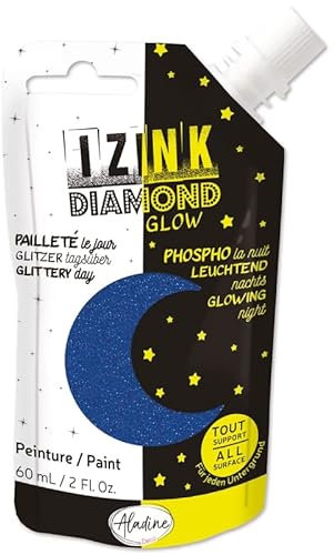 Aladine - Izink Diamond Glow - Peinture Pailletée le Jour, Phosphorescente la Nuit - Ultra Couvrante, Tout Support - DIY et Loisirs Créatifs - Gourde Souple 60 ml - Bleu 82095
