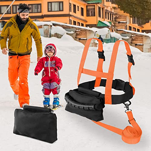 PRELGOSP Kinder Skigurt, Training Sicherheitsgurte fur Studieren Skate Skifahren und Snowboarden, Kinder Ski Gurt mit Abnehmbarer Leine für Anfänger,Orange