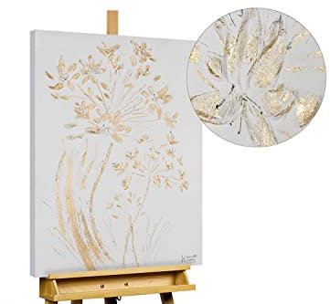 KunstLoft Leinwandbild | 100% HANDGEMALT | 60x90cm | Gemälde 'Sanfte Blüte' | Blüten | Gold Weiß | Wandbild Wohnzimmer