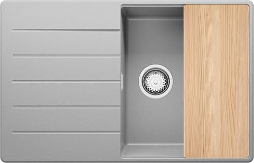 PRIMAGRAN Evier Cuisine en Granit Gris 78x50cm, Lavabo 1 bac + Kit de Vidage + Planche à Découper, Évier à Encastrer al mueble 50cm - Copenhague S038