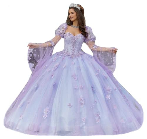 TSxuelian Vestido de princesa con aplique de flores para mujer, vestido de gala de Cenicienta, vestido de quinceañera con mangas abullonadas, vestido de Sweet 16 Lila