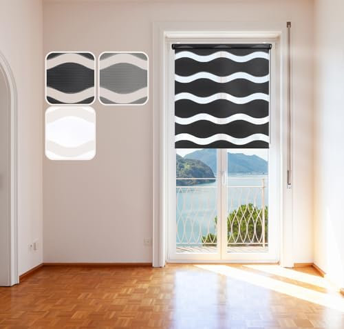 Doppelrollo Wave, Schwarz 80x215cm Duo-Rollo Klemm-Fix mit Klemmträger, Fenster-Rollo/Seitenzug-Rollo ohne Bohren
