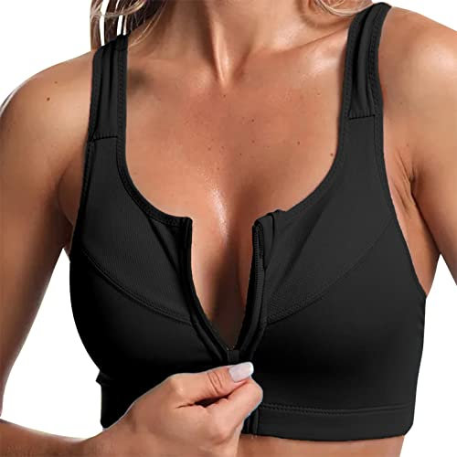 Sport BH Damen Yoga mit Reißverschluss vorne Ohne Bügel Starker Halt Große Brüste Push Up Ringerrücken Gepolstert Sport Bra für Fitness Laufen Yoga (Schwarz, XXXXXL)