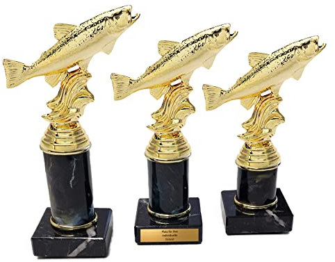 eberin · Angler Pokale · Angeln Pokal · Fisch Pokal · Lachs Forelle Gold auf Säule/Marmor schwarz · Angelurlaub Norwegen · Angelverein Ehrenpreis · in 3 Größen · mit oder ohne Gravur ·